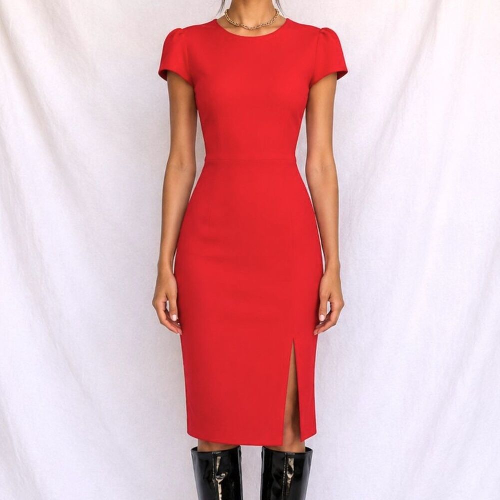Vintage Y2K Betsey Johnson Red Capped Sleeve Knee Length Side Slit  Dress Size M